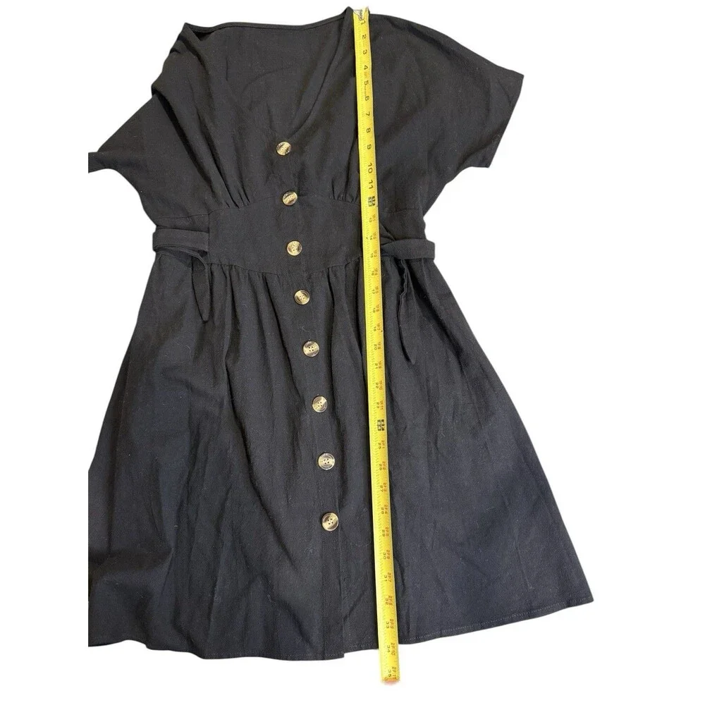 Womens Black Button Front Dress V Neck Tie Waist Short Sleeve Mini Large Classic - Picture 6 of 6
